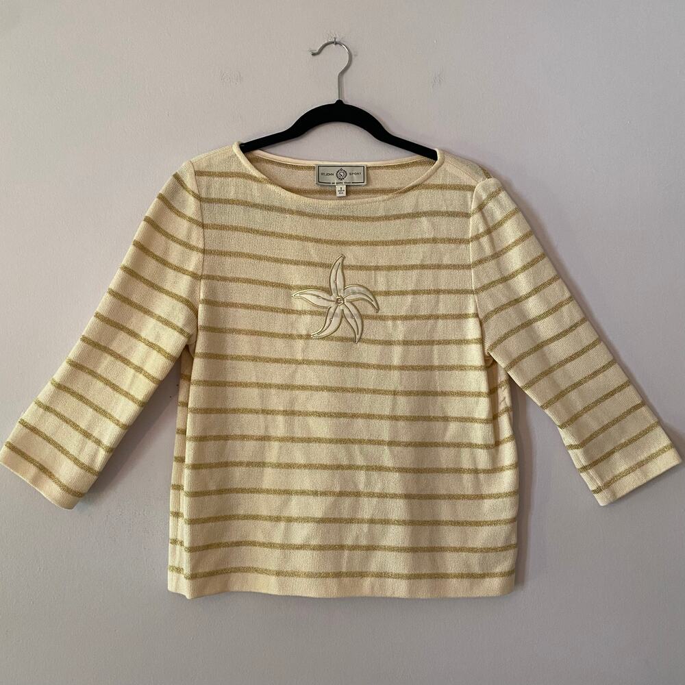 St. John Sport Cream Gold Stripe Starfish Gem Boatneck Sweater Preppy Nautical